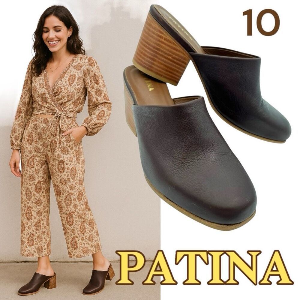 Patina Women's Slide Heeled Mule Black Brown Size 10 Leather